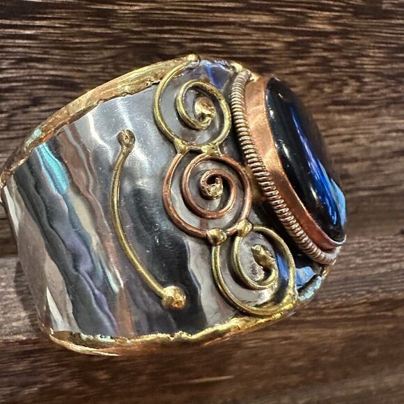Artisan-Made Adjustable Black Onyx and Mixed Metals Cuff Bracelet - 2 Inches Wi - Picture 3 of 9
